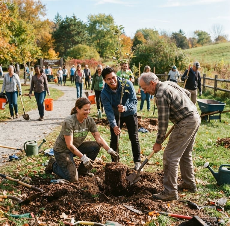 Warm editorial photography, bright natural daylight, candid shot of local volunteers collaborating to plant trees in a community park, rich natural tones, 35mm