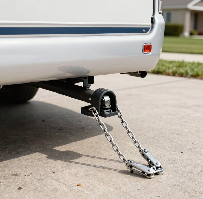 Close-up of a caravan hitch and dual safety chains being inspected, bright outdoor daylight on a suburban concrete driveway, clear informative framing.