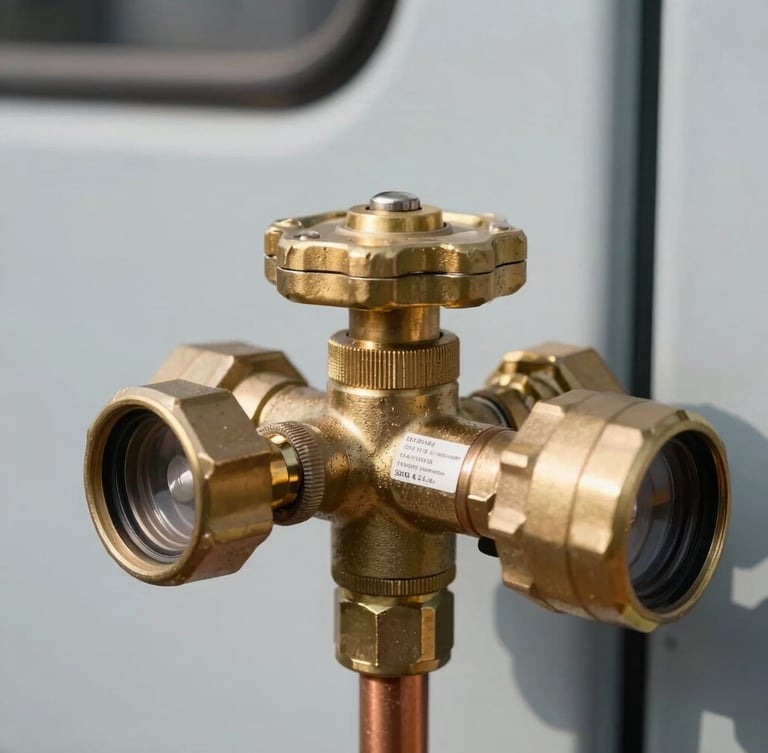 Close-up of a brass caravan gas regulator and copper line connection on a dual-cylinder drawbar, bright outdoor daylight, sharp focus on the compliance tag.