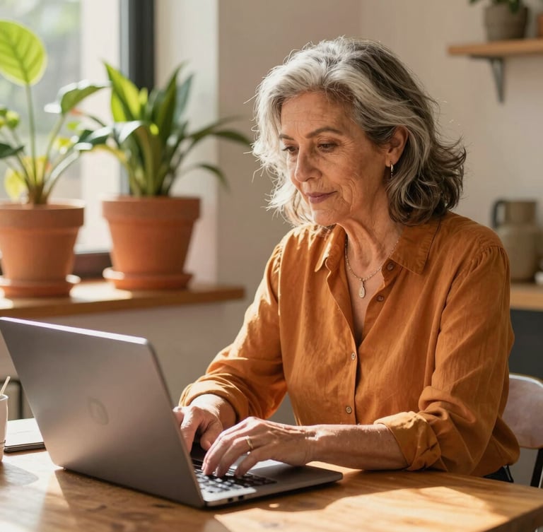 A vibrant Spanish woman in her late 50s with natural gray hair, working on a laptop in a sunlit modern home studio, terracotta pots with green plants in the background, warm golden hour light, authentic editorial style.