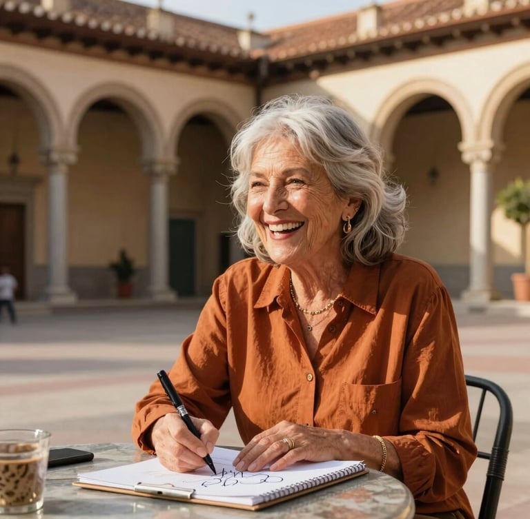 A vibrant, stylish woman in her late 50s with silver hair, laughing while sketching in an outdoor museum courtyard in Madrid, warm golden hour sunlight, architectural arches in background, 35mm lens, sharp focus