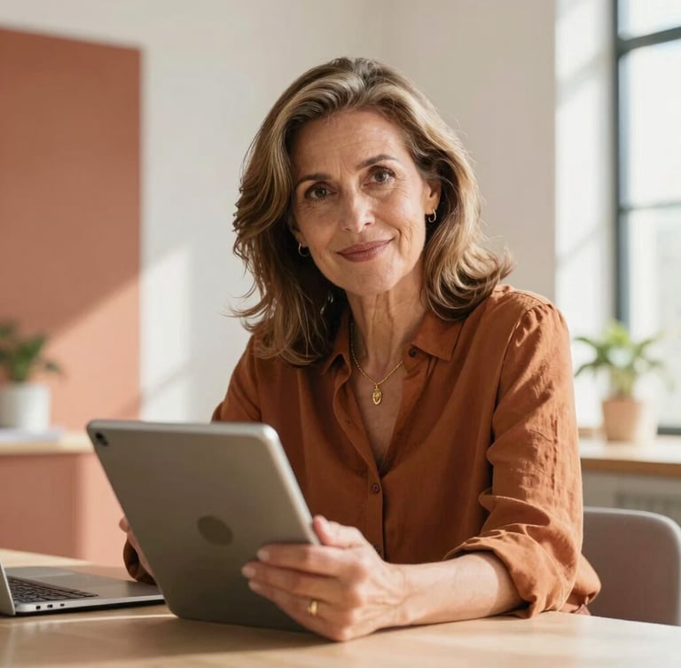 Portrait of a confident Spanish woman in her late 50s, warm natural light, working with a tablet in a modern design studio, soft terracotta accents in background, 35mm lens
