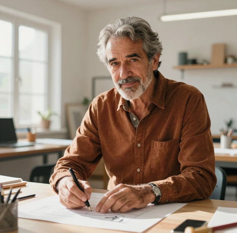 Portrait of an active 55-year-old Spanish man working on a creative project in a bright modern workshop, natural daylight, warm color palette