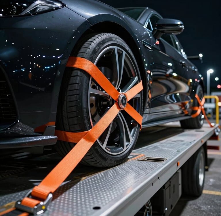 Sharp close-up of a luxury car wheel secured with heavy-duty soft orange straps onto a metallic silver flatbed surface, dramatic night lighting with high contrast reflections, professional automotive transport.