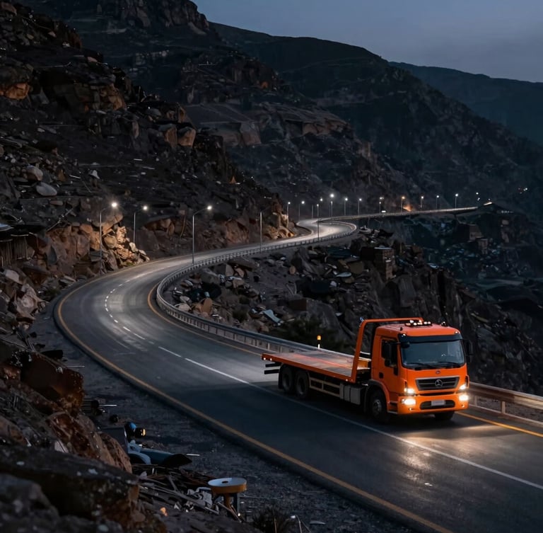 Wide panoramic shot of Al-Hada mountain road in Taif at twilight, winding highways with glowing streetlights, a professional orange towing flatbed truck parked safely on the shoulder, atmospheric deep shadows.