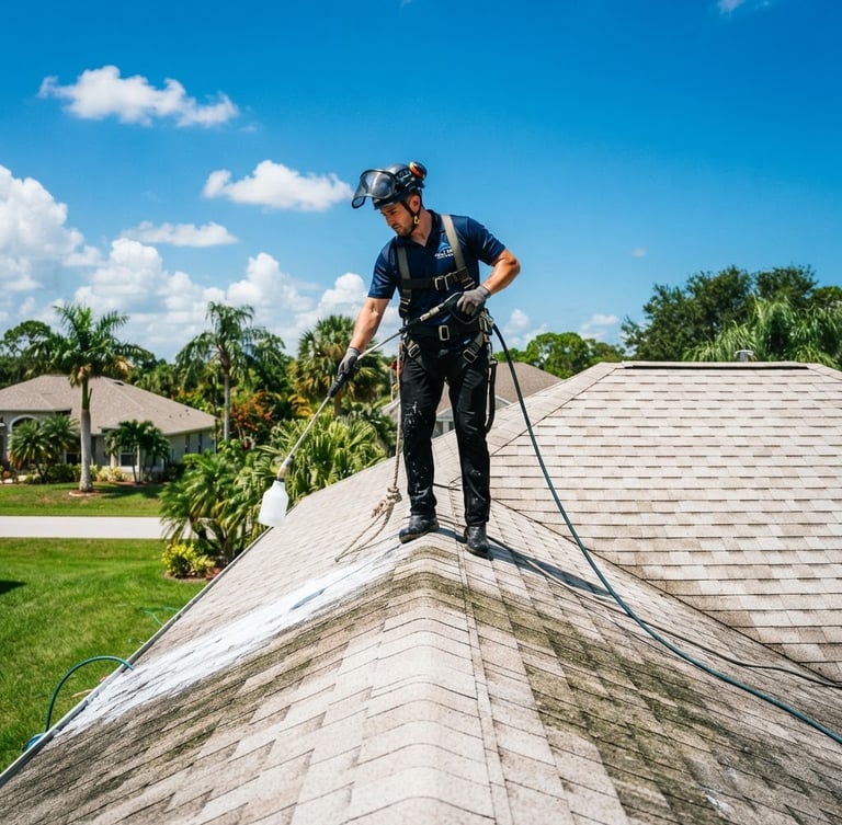 Professional technician safely soft-washing a residential roof, low angle, bright Florida sunlight, vivid blue sky, clean uniform, protective gear, crisp commercial outdoor photography, sharp focus, high-contrast, 35mm