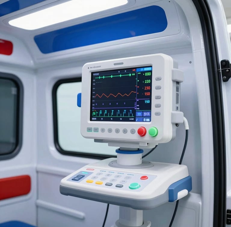 Medium close-up of a modern high-tech ICU ambulance interior, illuminated by clean clinical light, showing advanced medical monitors with vital signs, deep blue and red accents, sharp focus, premium medical environment, 35mm