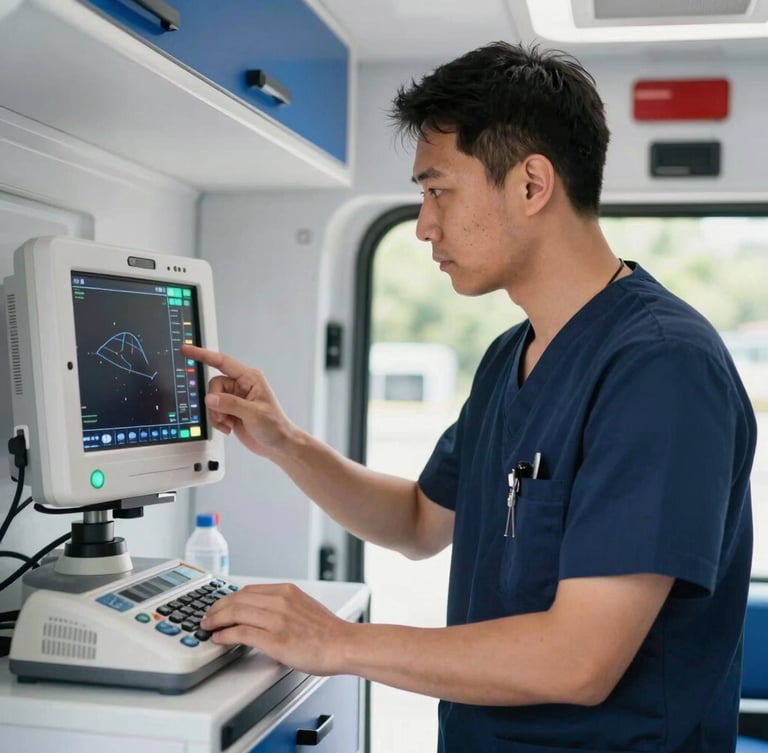 A focused clinical doctor in a professional navy blue uniform checking a medical monitor inside an ambulance, warm natural light, professional clinical photography, 35mm