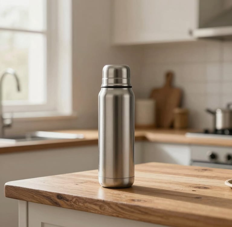 A stainless steel thermos standing on a rustic wooden counter, soft morning daylight filtering through a window, warm minimalist kitchen background with neutral earth tones, 35mm lens