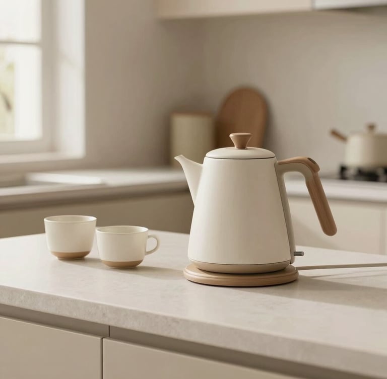 Warm lifestyle product photography of a clean kitchen counter, soft morning daylight, neutral earth tones, a minimal electric kettle and ceramic cups, 35mm lens