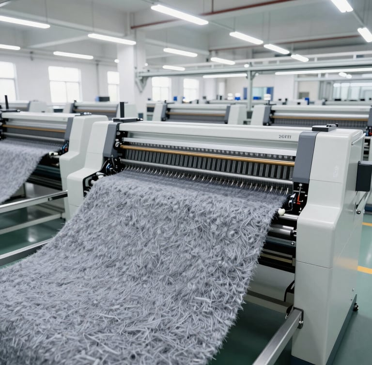 Wide panoramic shot of an organized modern factory floor with high-speed needle-punching machines processing vibrant gray synthetic felt fabric, bright clean industrial lighting