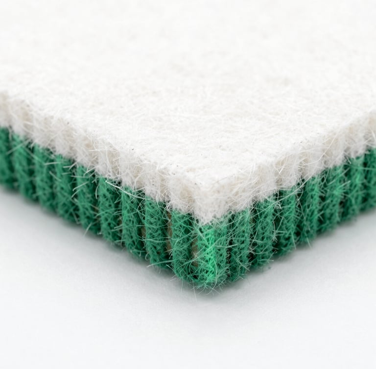 Macro close-up of clean-cut synthetic felt material edge, showing dense needle-punched polyester fibers under bright high-key studio lighting
