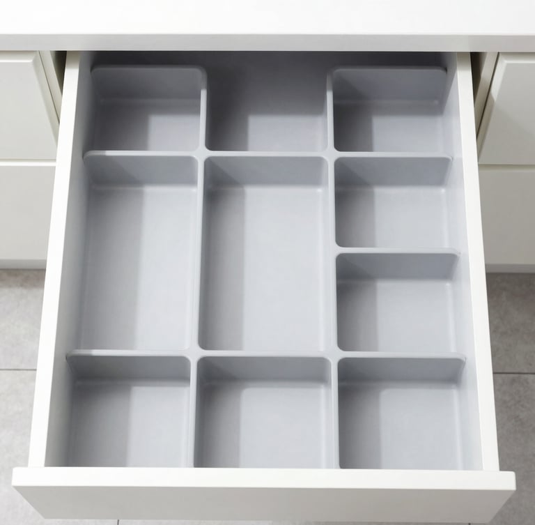 Straight-on orthographic shot of a perfectly organized kitchen drawer containing modular gray dividers, bright high-key product photography, clean white background, crisp studio light, sharp focus, 50mm