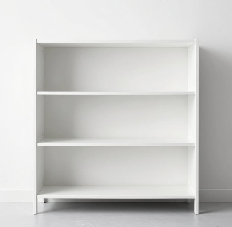 Straight-on orthographic shot of a modular kitchen shelving system, clean white background, bright high-key morning daylight, sharp focus, 50mm