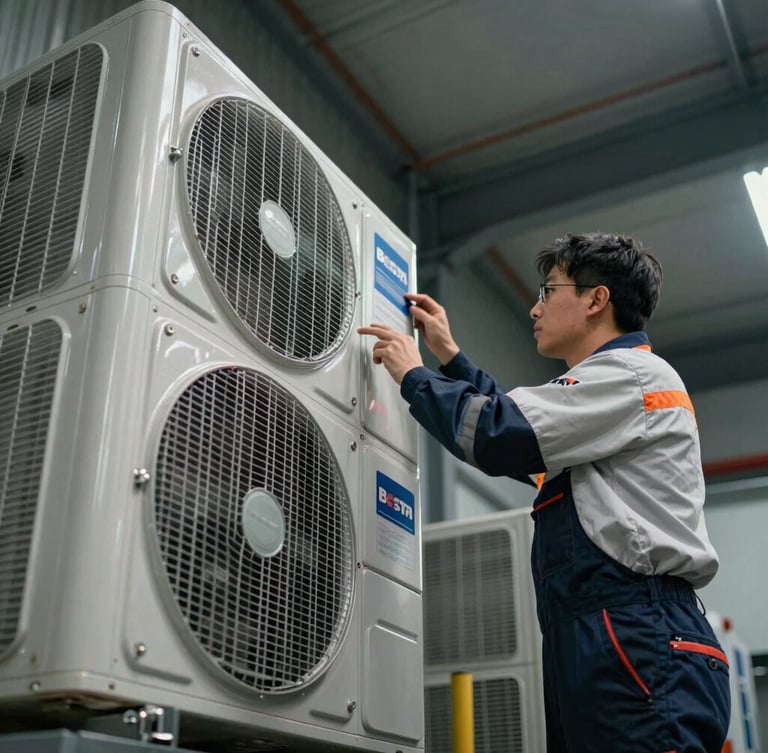 Dramatic low-angle shot of a technician in branded Besta gear inspecting a heavy HVAC system, metallic reflections, sharp focus.