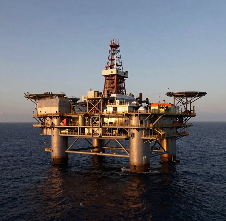 Dramatic wide angle of an offshore oil platform in the Gulf of Guinea at dusk, warm metallic reflections on steel structures, deep dark ocean background.