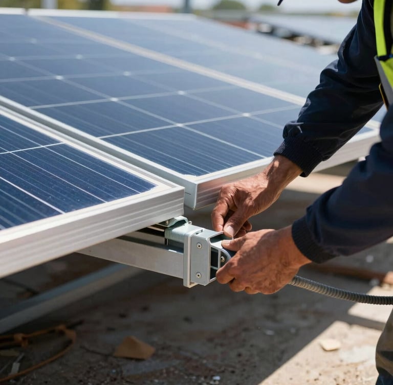 Close-up of industrial solar panel installation in progress, a technician in safety gear securing heavy-duty mounting brackets under direct sunlight
