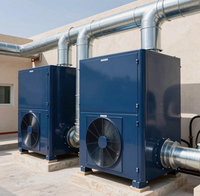 A clean commercial HVAC system plant room in Doha, bright daylight illuminating polished steel ductwork, navy blue and silver accents, sharp focus.
