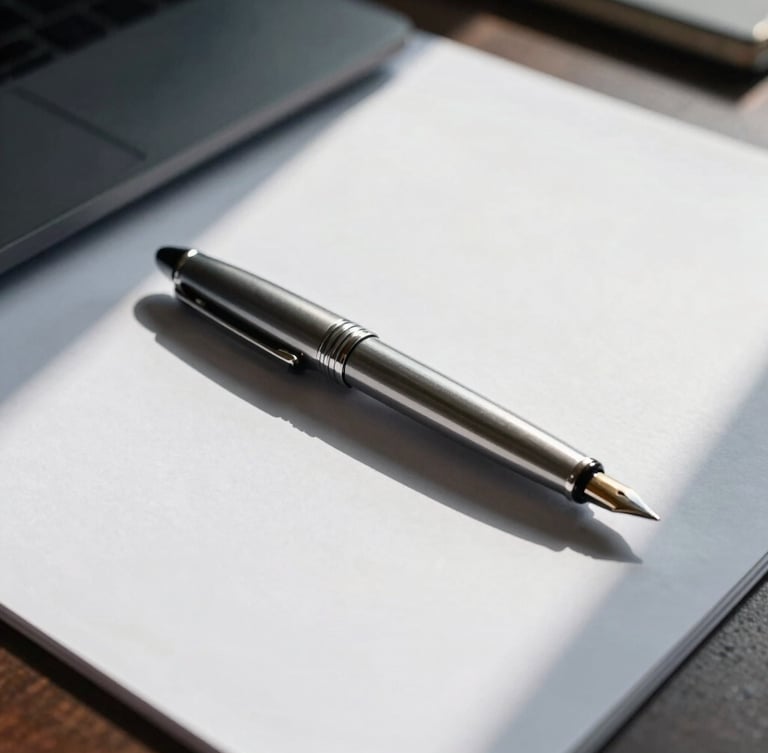 A clean executive workspace with a silver fountain pen resting on heavy textured paper, sharp daylight, cool silver tones, deep navy shadows.