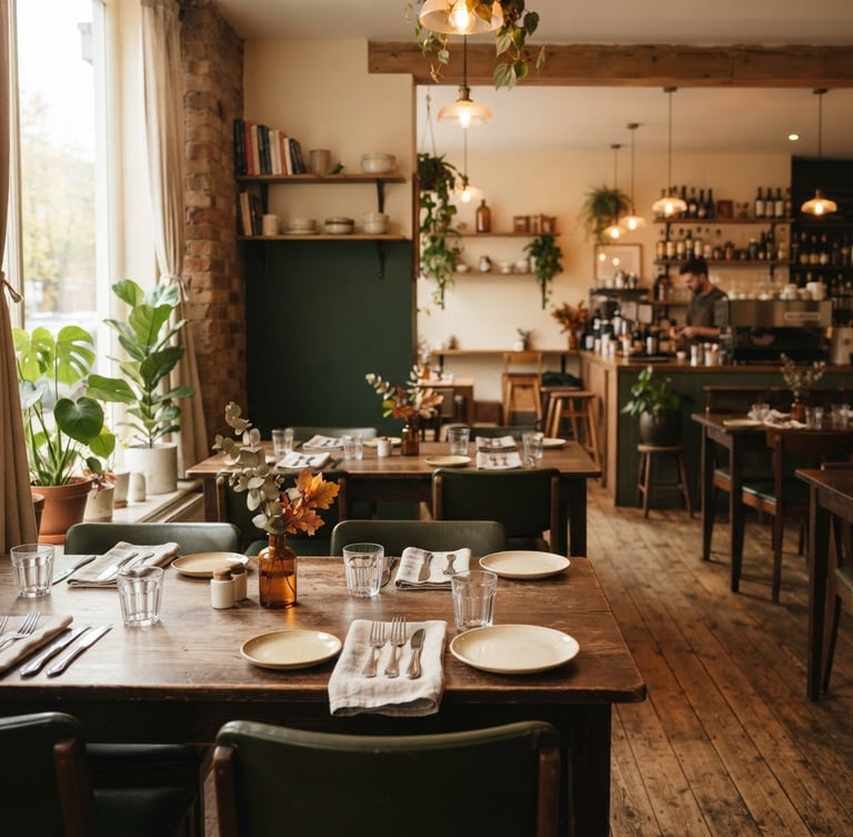 Warm, inviting cafe interior with soft natural light, empty tables set for dining, coffee brown and dark green accents, wide shot.