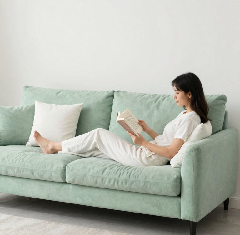 Wide portrait of a modern living room corner with a light green sofa, white throw pillows, and a stylish woman casually reading a book, soft natural morning light, clean minimalist setting, 35mm lens, light green and white tones.