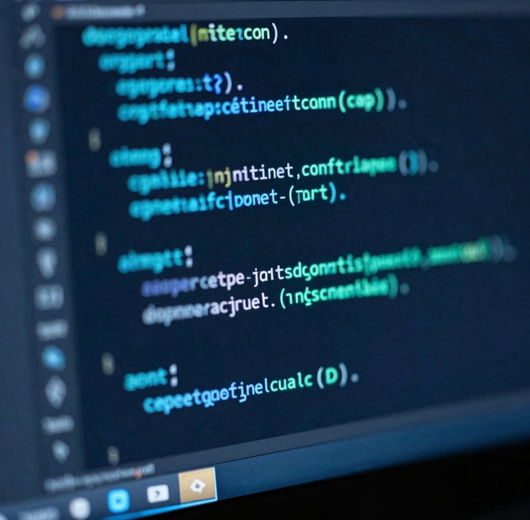 Macro close-up of clean code on a dark monitor, neon-cyan highlights, low-key ambient studio lighting, high-contrast, shallow depth of field