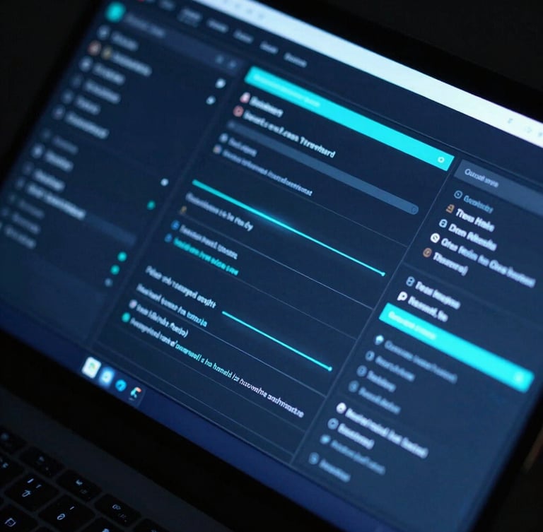 Sleek tech photography, low-key ambient studio lighting, macro shot of a complex software interface on a dark screen with neon-cyan accents.