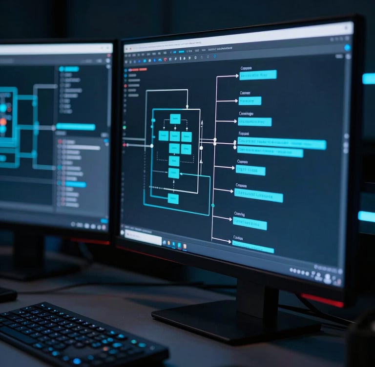 Sleek tech photography, close-up of developer workspace, sharp neon-cyan light reflecting on clean monitors displaying architectural data pipelines, high-contrast.