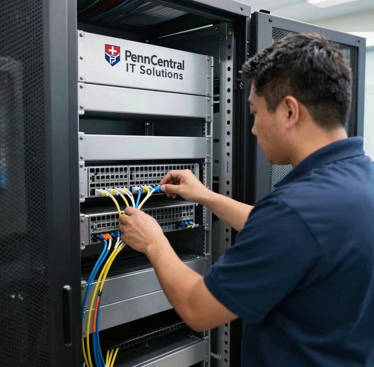 Medium shot of a Penn Central IT Solutions technician meticulously organizing structured cabling in a clean server rack, neutral white utility lighting, cool steel and deep navy tones, sharp focus.