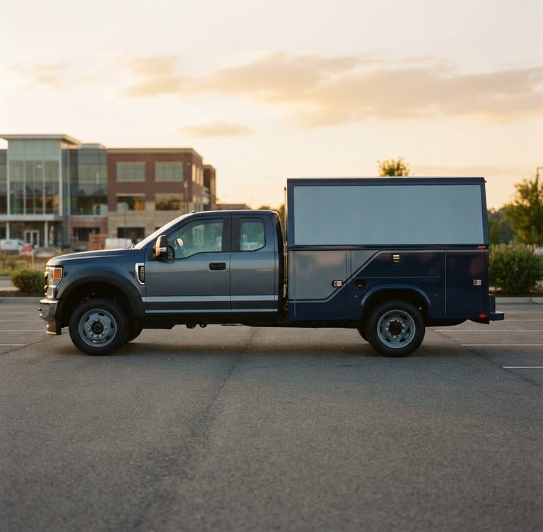 Branded Penn Central IT Solutions service truck, clean, modern, parked on a paved lot at golden hour, low angle, showing side profile, cool steel and deep navy tones, sharp focus, 35mm lens