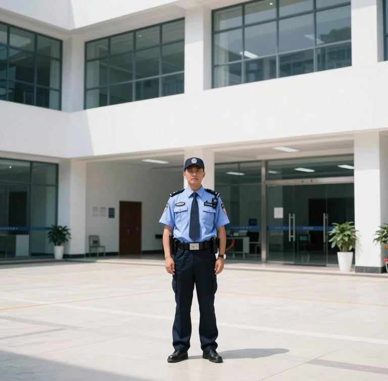 Sharp editorial photography of a professional security operations officer in a clean, high-contrast commercial building lobby, bright daylight, cool tones, 35mm.