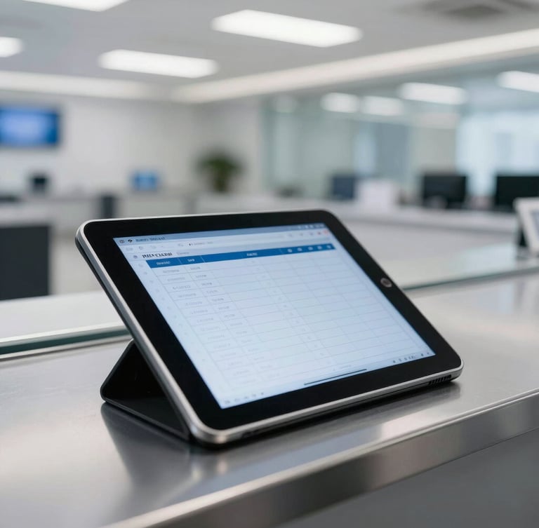 Crisp close-up of a security tablet showing a checklist on a sleek metal counter, bright commercial interior lighting, sharp focus, cool slate tones, 35mm