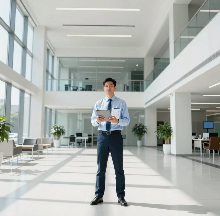 Wide-angle crisp editorial photograph of a professional facility manager in a clean, high-contrast modern corporate lobby, holding an iPad with checklists, bright daylight, cool tones.