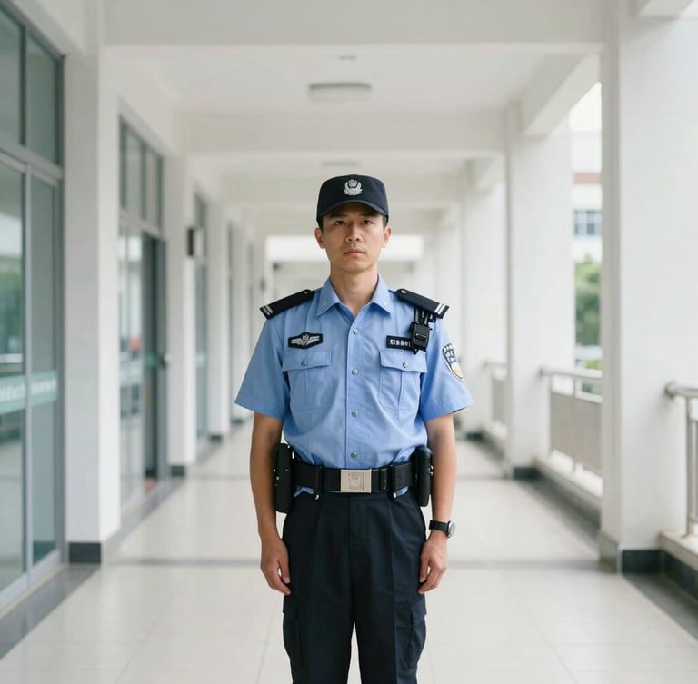 Medium shot of a professional uniformed security officer standing at attention in a bright commercial corridor, looking focused, crisp daylight, high-contrast cool tones, 35mm
