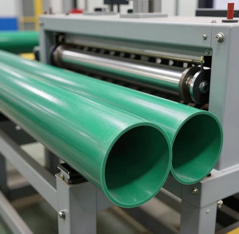 Industrial extrusion machinery in a modern factory extruding flat drip irrigation pipes, bright technical lighting, sharp focus on the green polymer pipe, 35mm lens