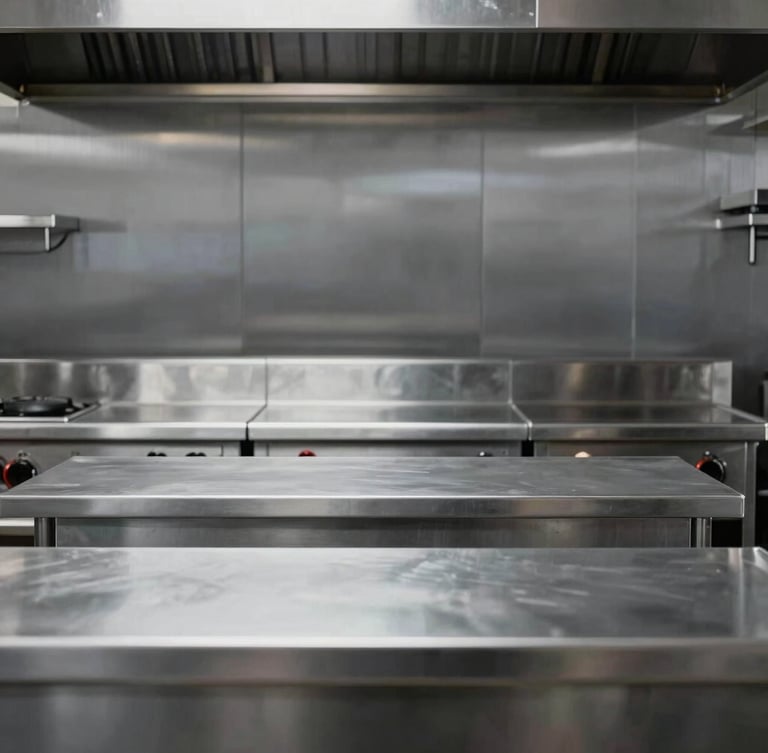 Sharp architectural photography of a commercial kitchen line, stainless steel counters, high-contrast daylight, minimal composition, 35mm