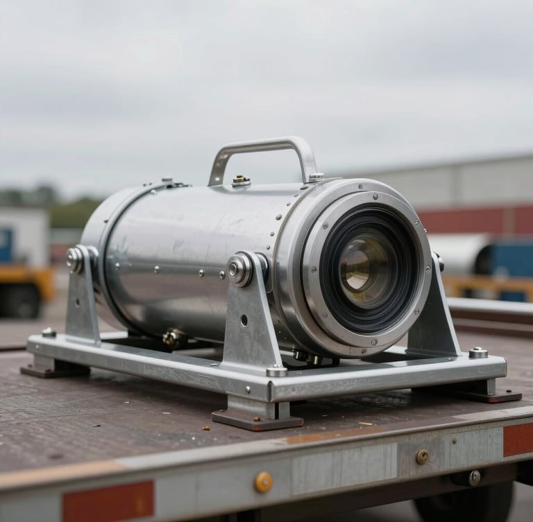 Tight macro shot of secured industrial cargo and steel rigging on a flatbed trailer, overcast daylight, metallic silver details.