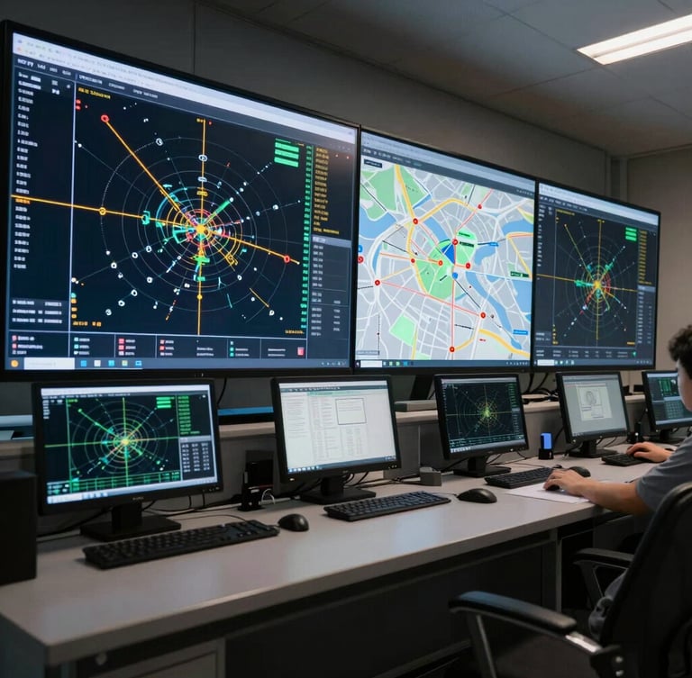 A modern logistics control room with glowing data screens displaying real-time coordinate-level tracking maps, dramatic low-sun lighting