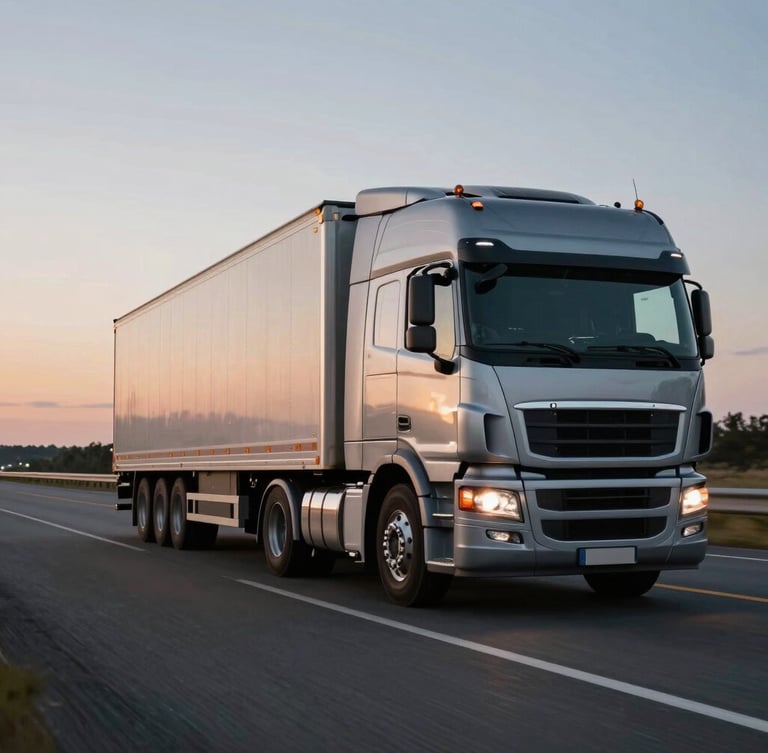 Cinematic wide-angle shot of a metallic silver late-model semi-truck moving at twilight on an open highway, long exposure tail lights, clean lines.