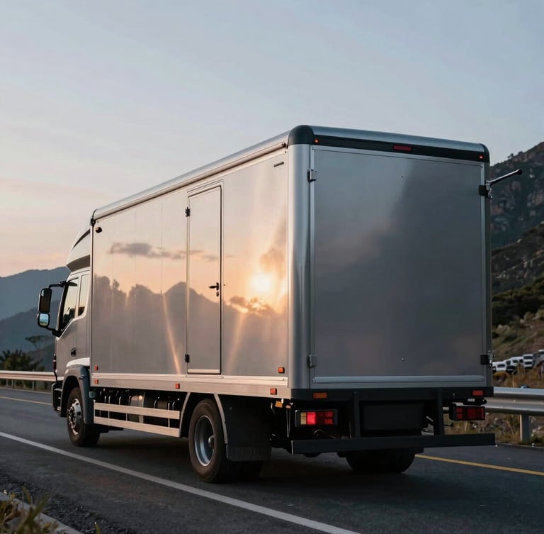 Cinematic wide-angle shot of a premium enclosed multi-car vehicle carrier on a mountain highway at twilight, metallic silver reflections, low horizon.