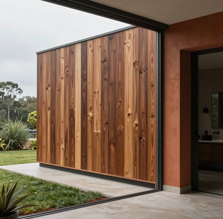 Bespoke residential interior with monsoon-resilient local timber paneling, terracotta accents, soft natural overcast light from a large window.