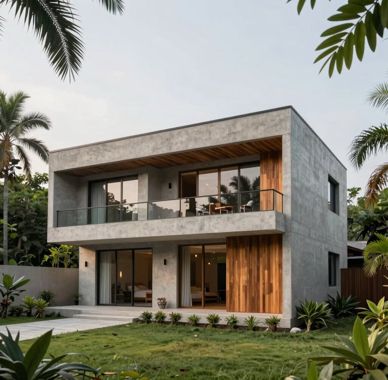 A modern architectural residential villa in Guwahati, featuring clean concrete lines and warm local wood accents, framed by lush tropical greenery of Assam under soft overcast daylight.