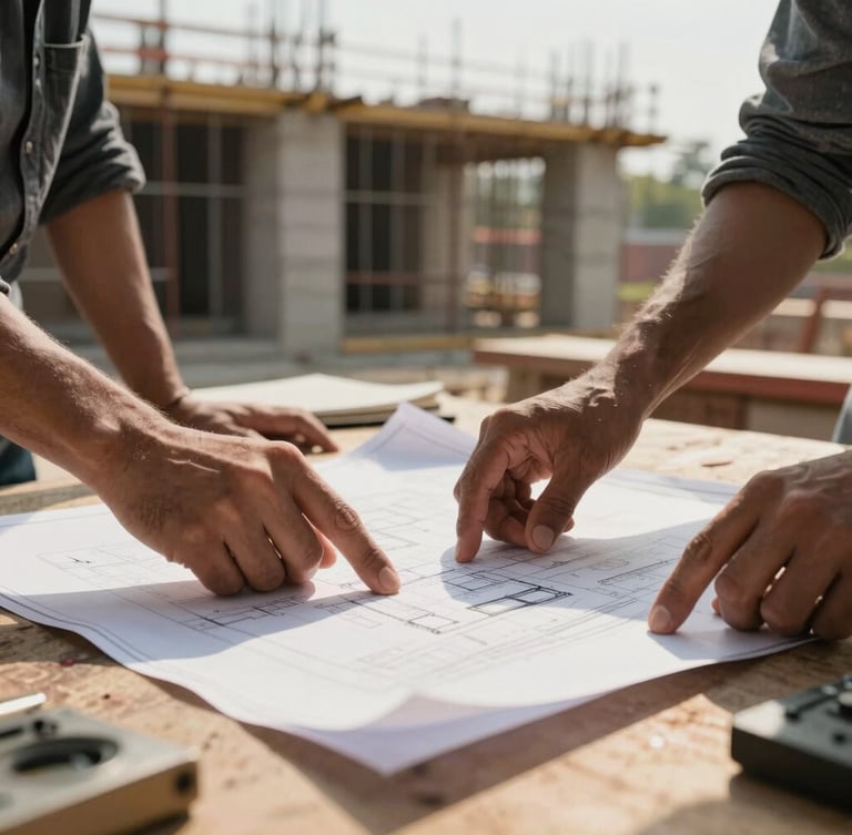 Close-up of hands reviewing blueprints on a wooden table at an active Guwahati construction site, warm natural daylight, concrete structure visible in the background.