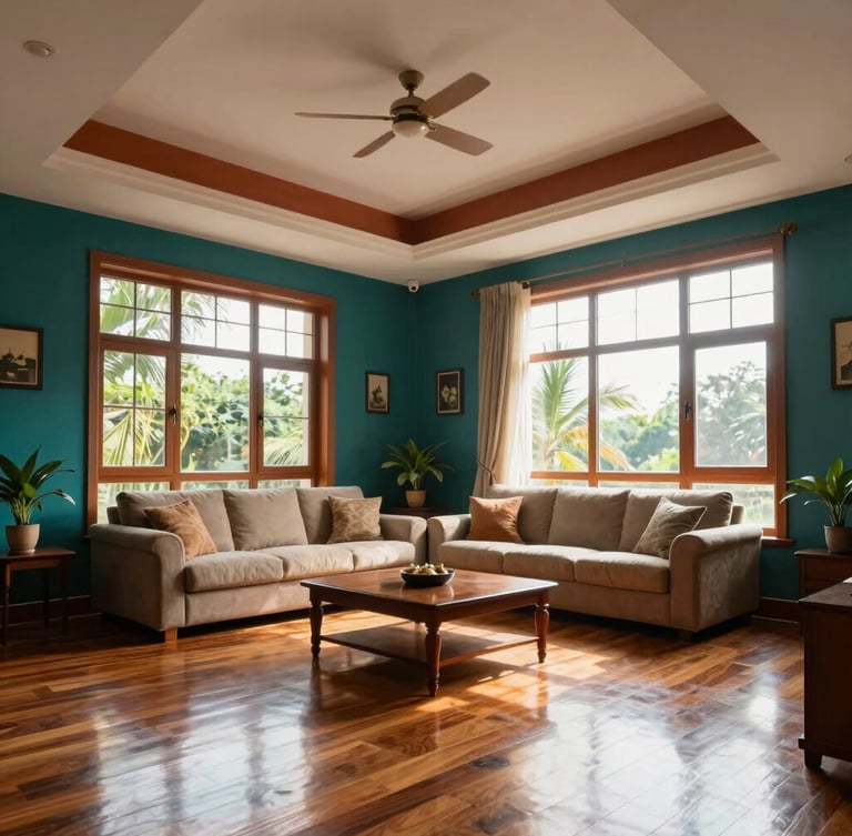 A beautifully designed residential living room in Guwahati, high ceilings, natural light from tall windows reflecting off polished local wood floors, deep teal and warm terracotta accents, architectural perspective.