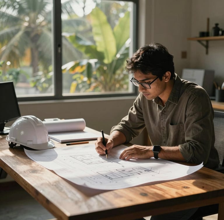 Architectural designers and engineers reviewing blueprints on a solid wood table in a sunlit Guwahati studio, warm morning light filtering through tropical foliage outside, high-contrast shadows.