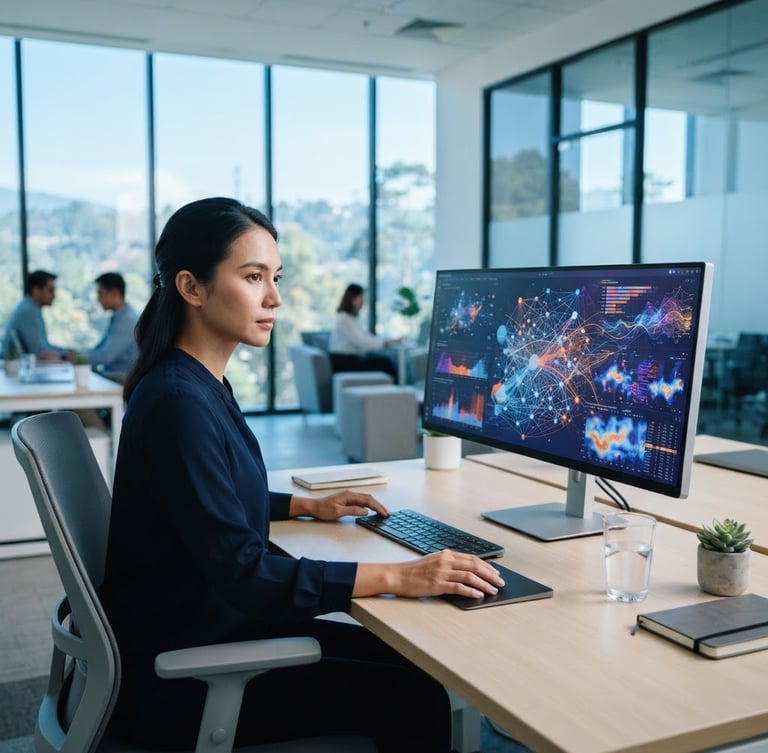 Modern clean office space in Bogor, abstract data visualization on a screen, bright daylight with blue undertones, sharp focus, 35mm lens