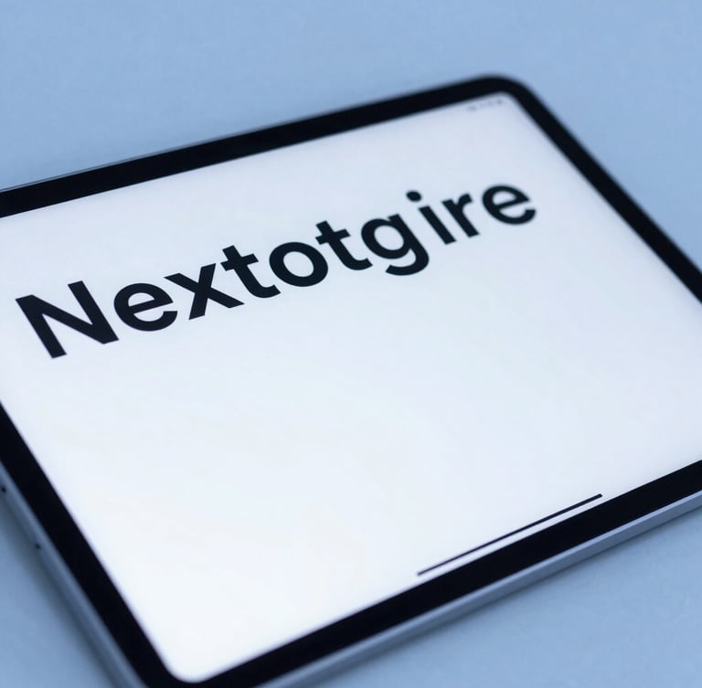 Close up of a modern tablet displaying a clean minimalist digital magazine interface, cool blue lighting, sharp focus on typography, professional environment