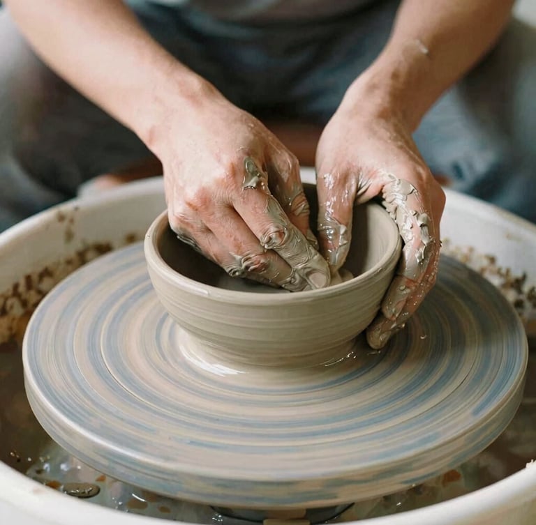 Close-up of potter's hands covered in wet grey clay shaping a rustic bowl on a spinning wooden wheel, warm natural morning light, soft focus, 35mm film.
