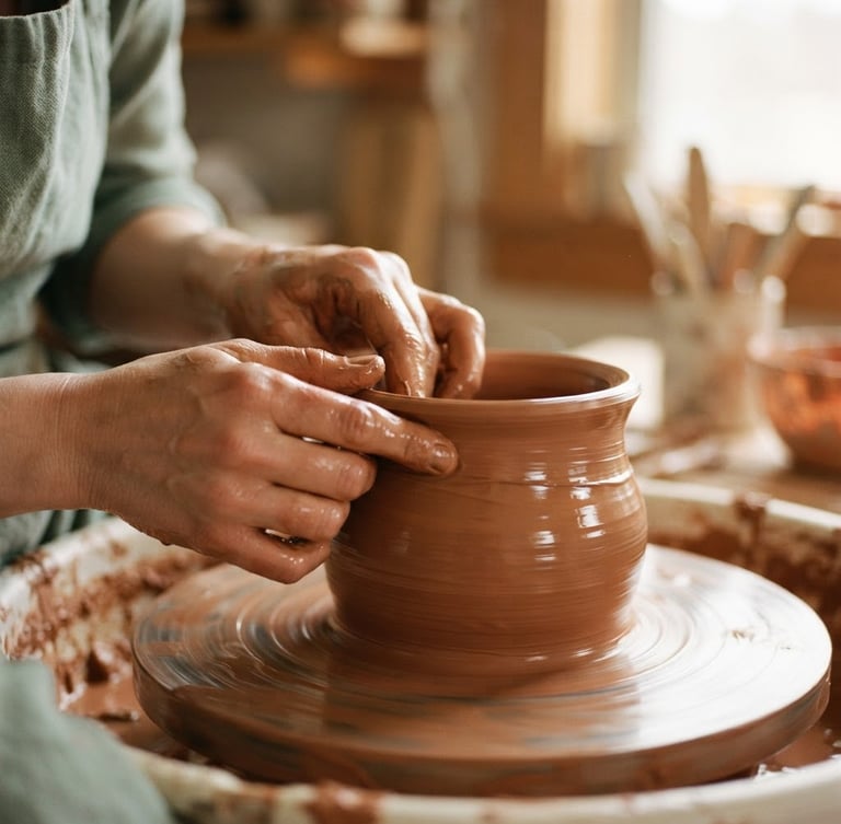 Close-up of wet terracotta clay being shaped by hands on a potter wheel, soft morning sunlight reflecting on the wet surface, shallow depth of field, 35mm film style