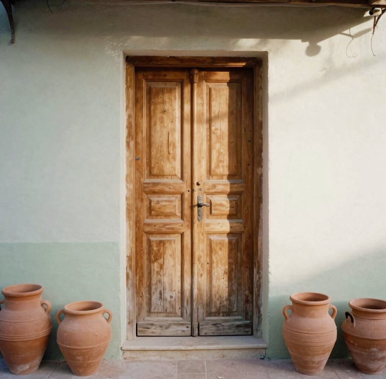 A rustic wooden door of a pottery workshop in Madrid, warm morning light, terracotta pots on the ground, 35mm film